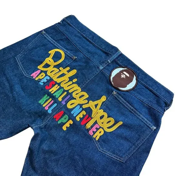 L 34 Waist Bape Jean Shorts Rainbow Champion Logo Embroidered - Picture 2 of 4